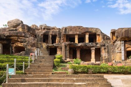 A panoramic view of Udayagiri and Khandagiri Caves with rock-cut infrastructure in Odisha