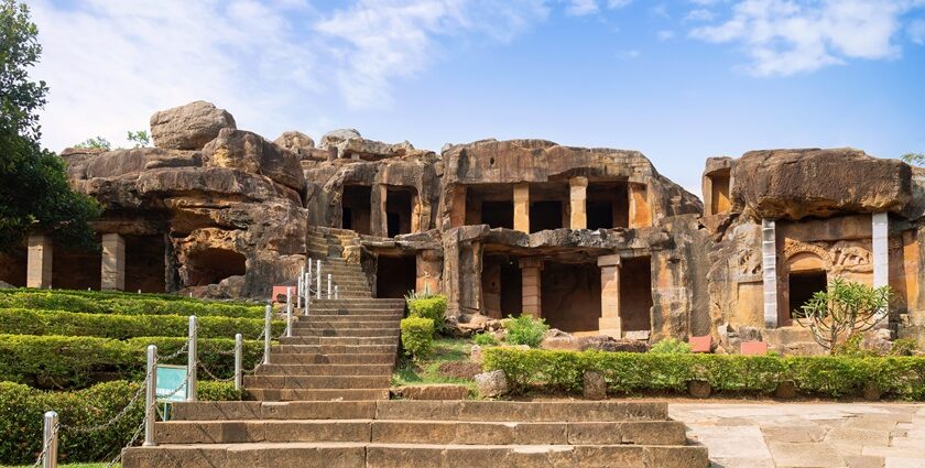 A panoramic view of Udayagiri and Khandagiri Caves with rock-cut infrastructure in Odisha