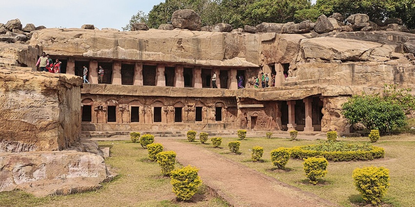 A picture of a majestic cave system located near Bhopal with intricate wall carvings