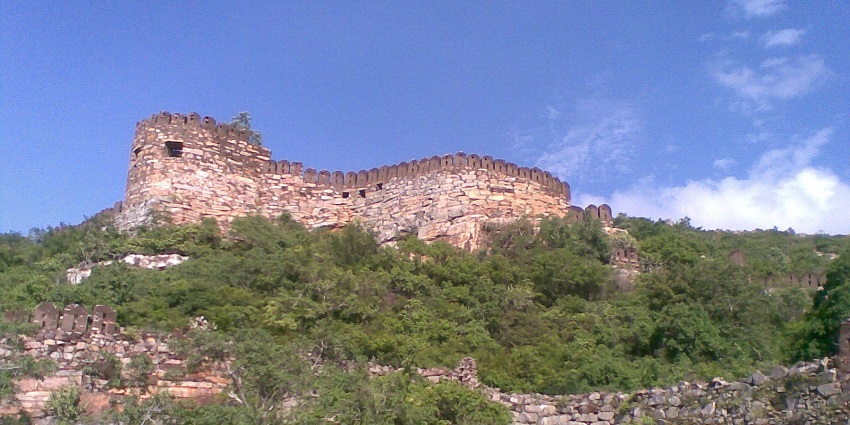 A picture of a fort wall on top of a hill taken from the hill base with greenery all around