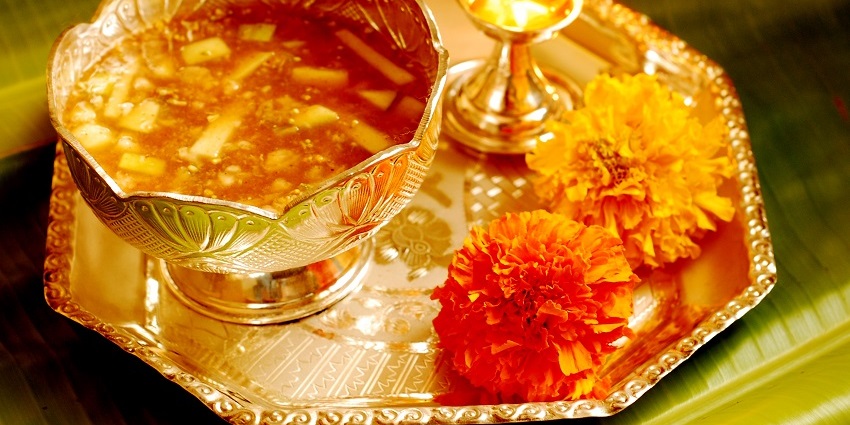 A puja tray fro Ugadi, one of the biggest festivals celebrated in Andhra Pradesh worth witnessing