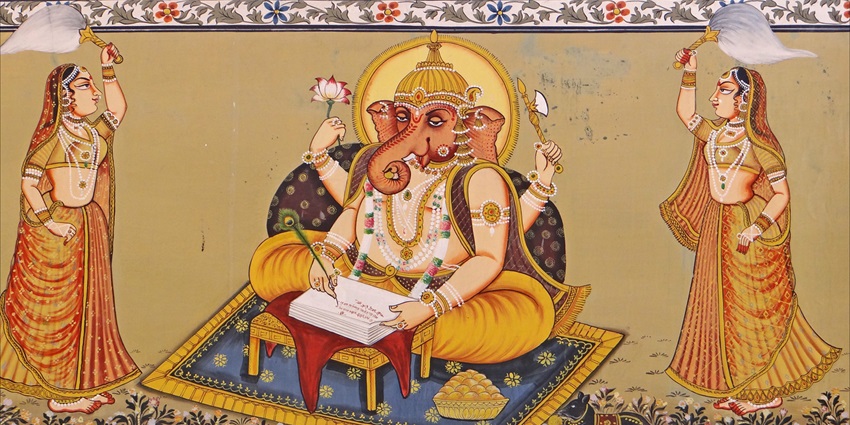 An image of a vibrant Rajasthani painting featuring intricate patterns and bright colours.