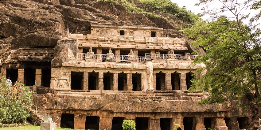 Undavalli Caves featuring ancient rock-cut architecture and intricate carvings in a natural setting