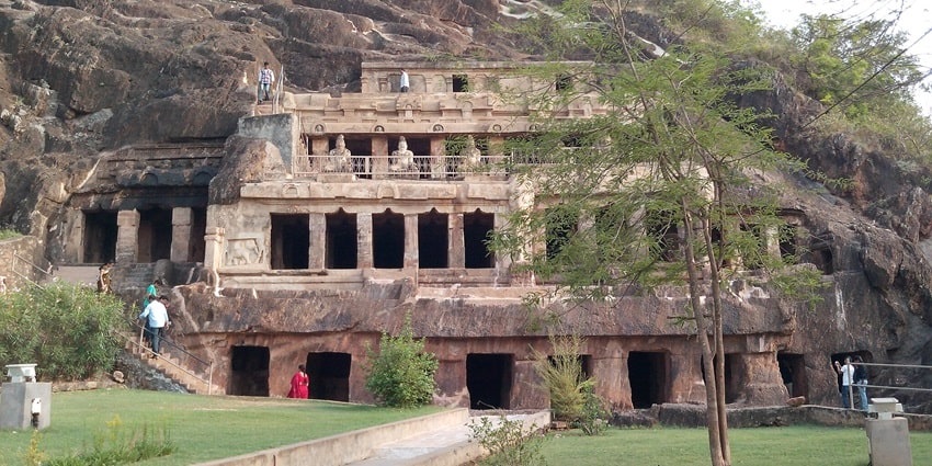 Undavalli Caves, near Vijayawada, are a remarkable example of rock-cut architecture.