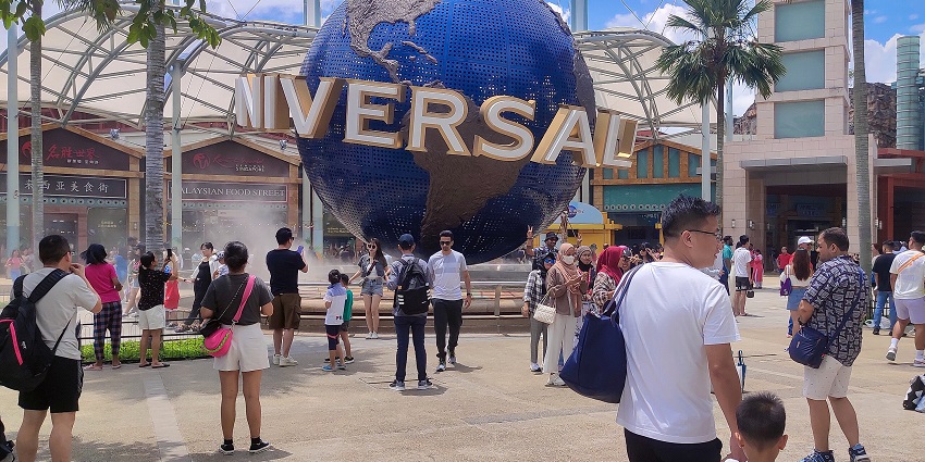 The famous Universal Studios Singapore globe at the theme park entrance, symbolising fun.
