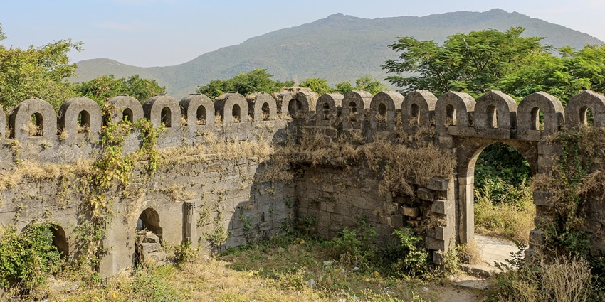 A picture of the ruins of a historical monument in Gujarat surrounded by greenery