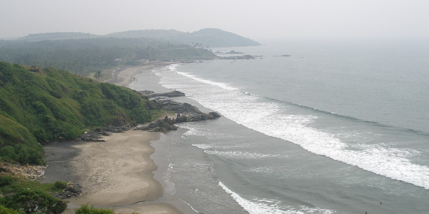 A picture of a beach in Goa with stunning greenery around the shore and mesmerising views of the ocean
