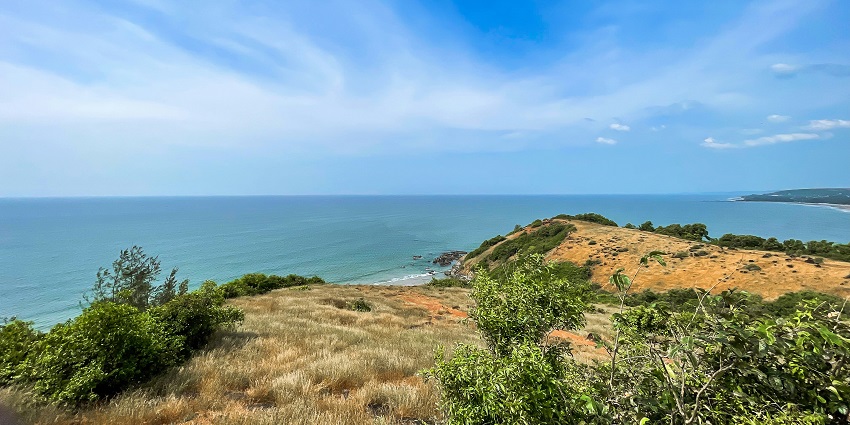 An astonishing vista of the turquoise-blue waters and lush green fields of Vagator Beach.