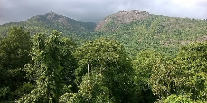 Scenic view of mountains near Dudhsagar falls, Goa.