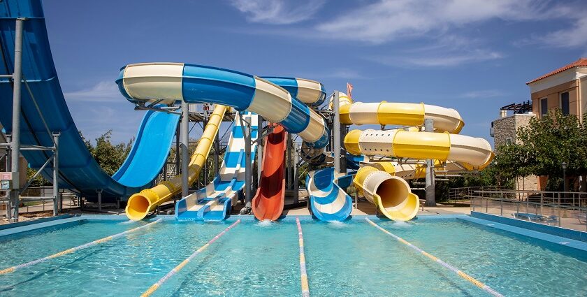 A glimpse of colourful water rides and shimmering waters at the leisure hub in Gujarat.