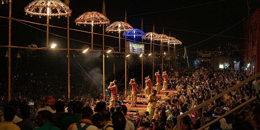 A beautiful ghat, like the Varah Ghat, one of the places to visit in Pushkar at night.