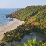 Picturesque view of Goa beach surrounded by lush greenery - shopping in Goa