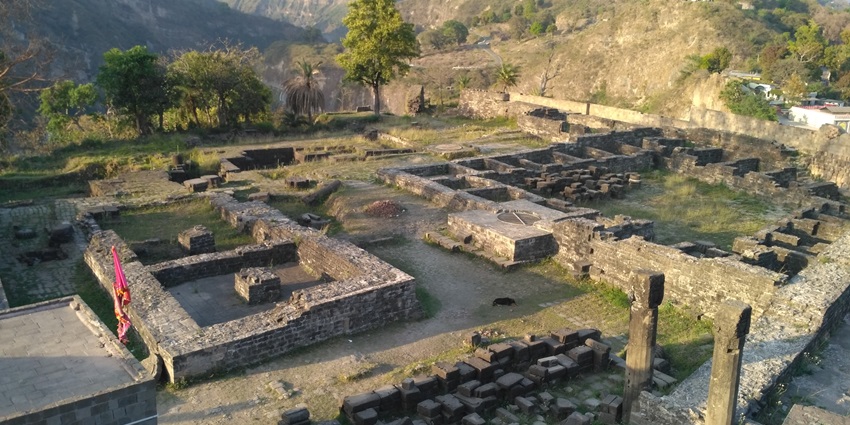 The remains of the main court area or the king’s darbar of a fort in the Himalayas.