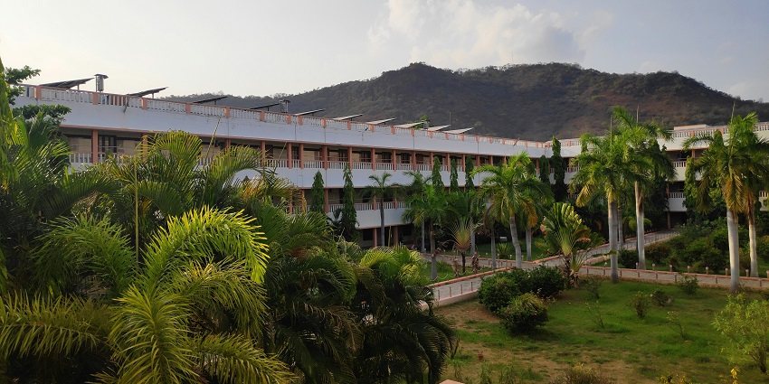 A picture of a hill station taken from a building with a garden area and pine trees