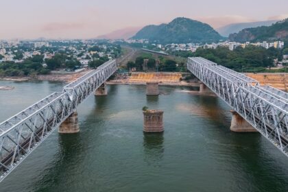 Aerial view of Vijayawada, India, showcasing urban landscape and river on a clear day.