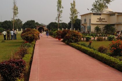 The Vikramshila Museum at the entrance of the excavation site in the lush green environment.