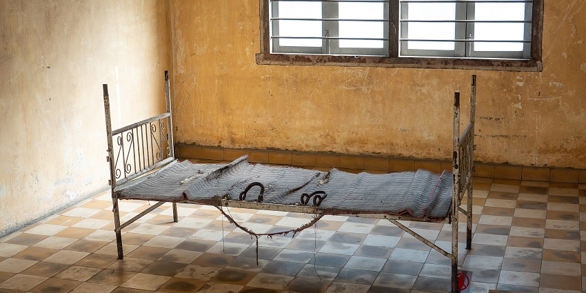 Snapshot from one of the previous prison cells or torture rooms of tuol sleng genocide museum