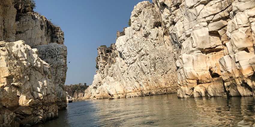scenic Bhedaghat Marble Rocks rising dramatically above the Narmada River