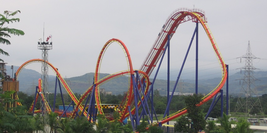 A vibrant view of Adlabs Imagica theme park, showcasing colorful rides and attractions.