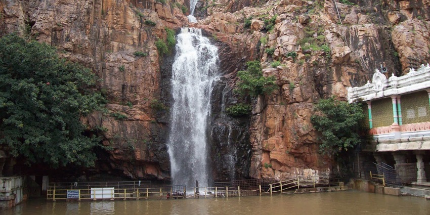 Kapila Theertham waterfall flowing beside the temple shrine–things to do in tirupati