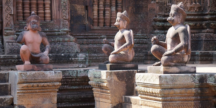 Detailed view of Banteay Srei Temple, renowned for its intricate and well-preserved carvings