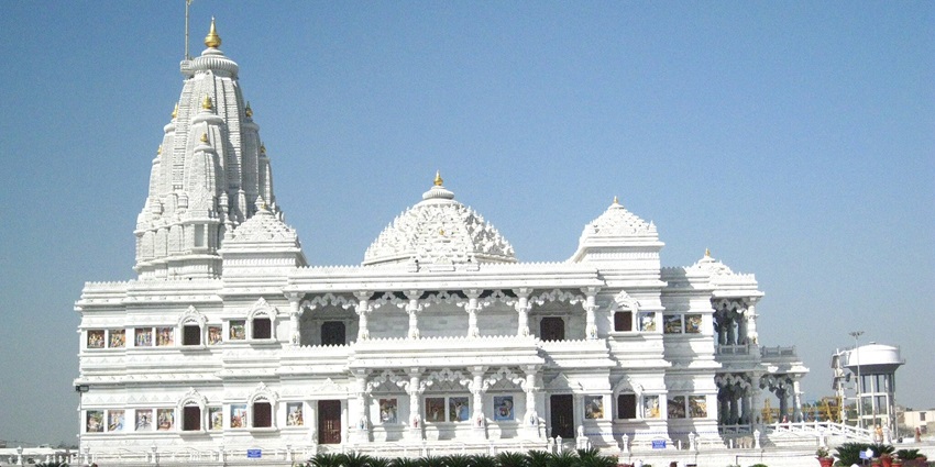 Prem Mandir, featuring white marble architecture, is among places to visit near Rajasthan.