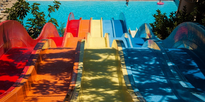 The water park includes huge water slides.