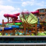 panoramic image of the water park in Goa surrounded by the lush tropical landscape of Goa