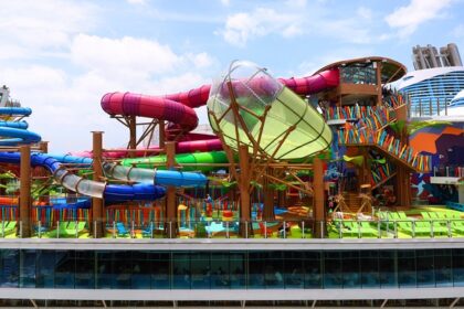 panoramic image of the water park in Goa surrounded by the lush tropical landscape of Goa