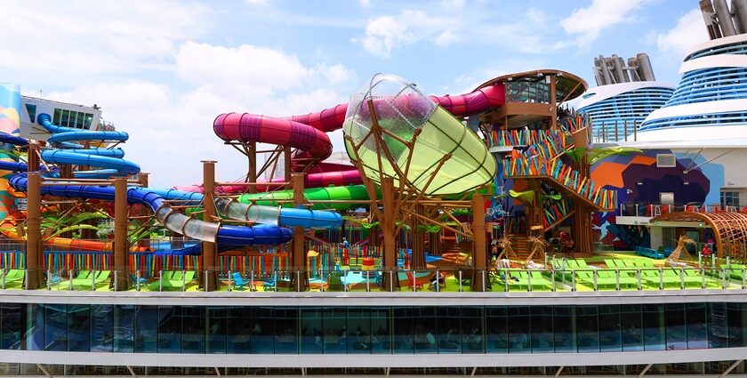 panoramic image of the water park in Goa surrounded by the lush tropical landscape of Goa