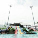 A view of children sliding down the colourful water rides in the leisure hub of Gujarat.