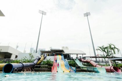 A view of children sliding down the colourful water rides in the leisure hub of Gujarat.