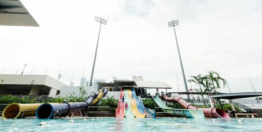 A view of children sliding down the colourful water rides in the leisure hub of Gujarat.