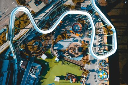 An aerial view of a leisure tourist destination in Gujarat featuring pools and rides.