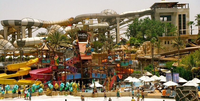 The water park in Gandhidham consists of a wave pool and multiple water slides.