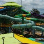 The water park in Gujarat features water slides and rides.