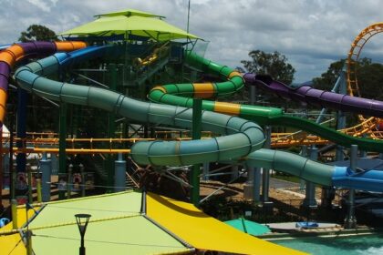 The water park in Gujarat features water slides and rides.