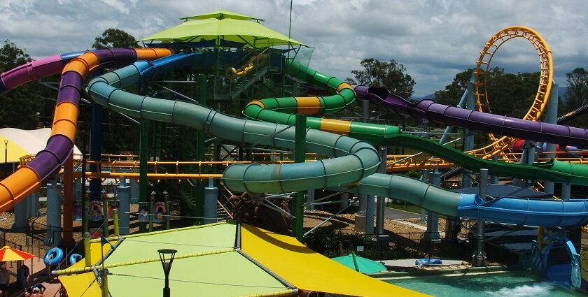 The water park in Gujarat features water slides and rides.