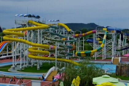 The water park in Surat features water slides.