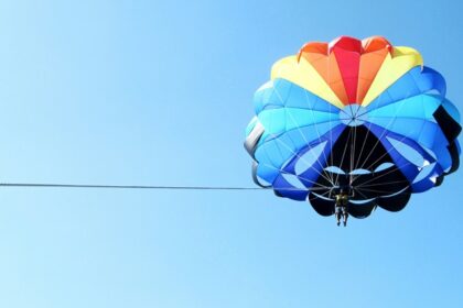 An amazing view of a colourful parachute in the clear blue sky during the daytime.