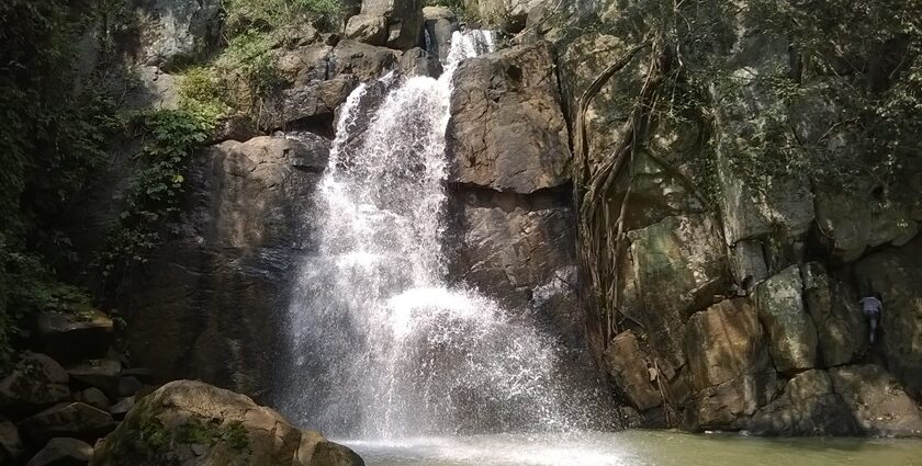 A grand view of waterfalls in Orissa with cascading water between the greens.