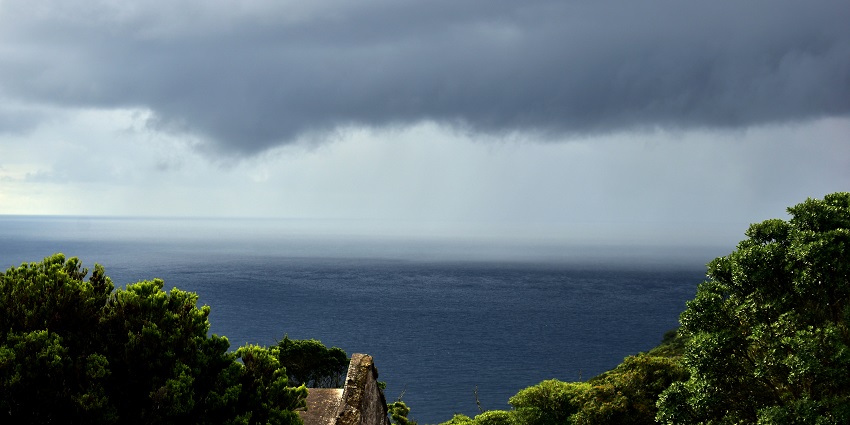 Image of dark sky with a few fluffy clouds, indicating a rainy and storm day.