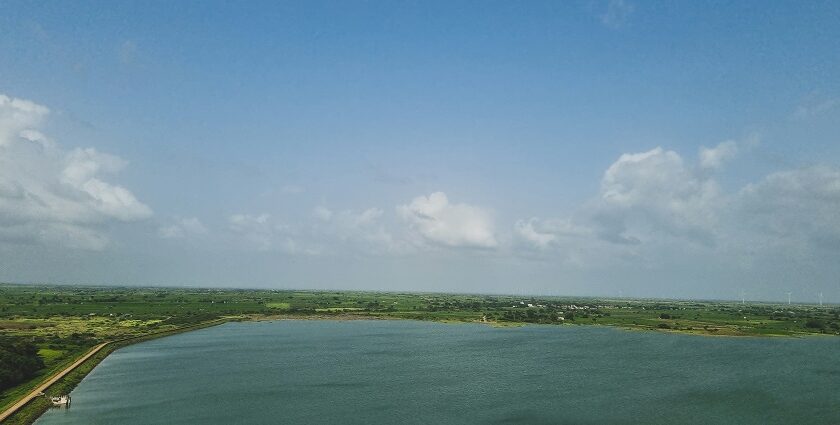 Picturesques view of a lake surrounded by lush greenery under clear blue sky in Jamnagar