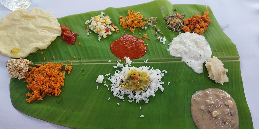 The meal is served on the banana leaf.
