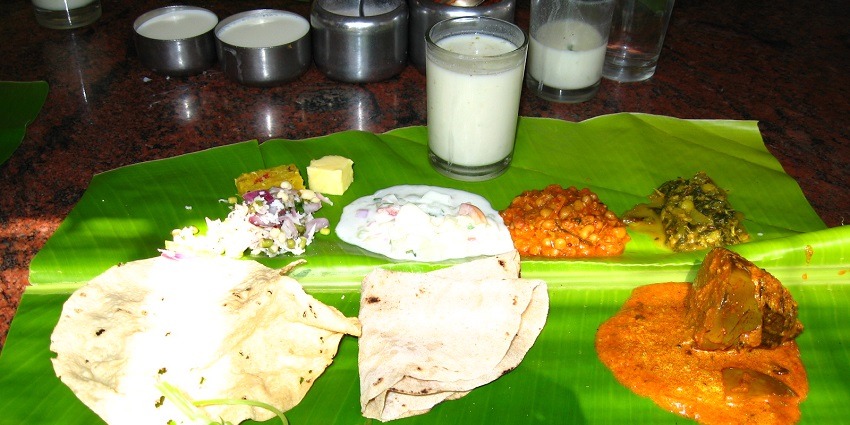 The meal is served on a Banana leaf.