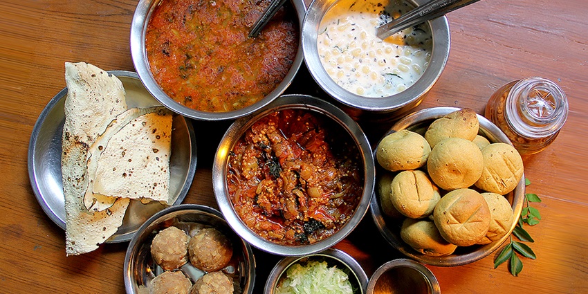 Traditional thali of Madhya Pradesh served at a restaurant nearby