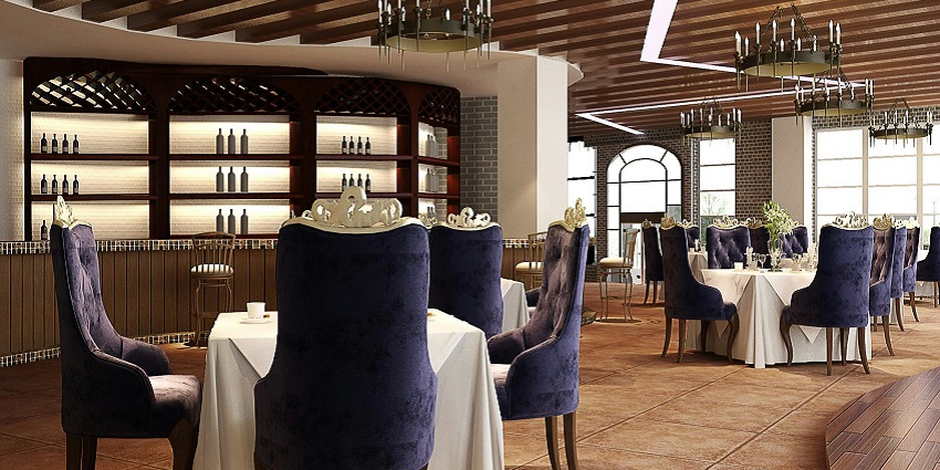Snapshot from the inside of the restaurant with the blue chairs and idyllic settings