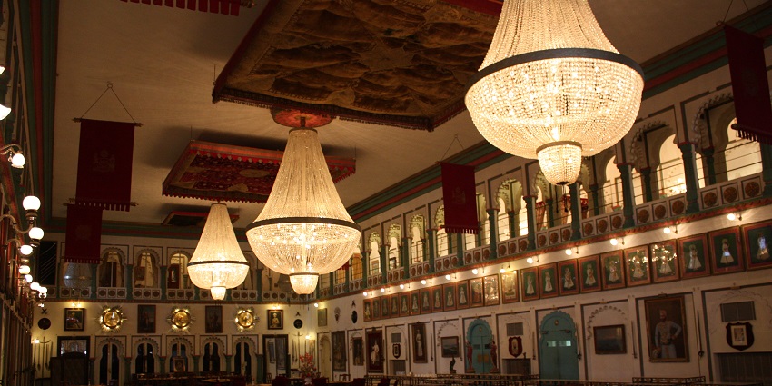 Scenic snapshot from the inside of the beautiful Durbar Hall, Fateh Prakash Palace Hotel in Rajasthan