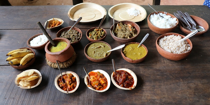 A traditional Goan Saraswat meal served on a banana leaf at Savoi Plantation.