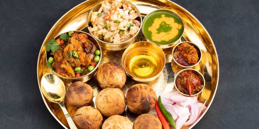 Authentic bihari cuisine thali serving the famous local dish, litti chokha